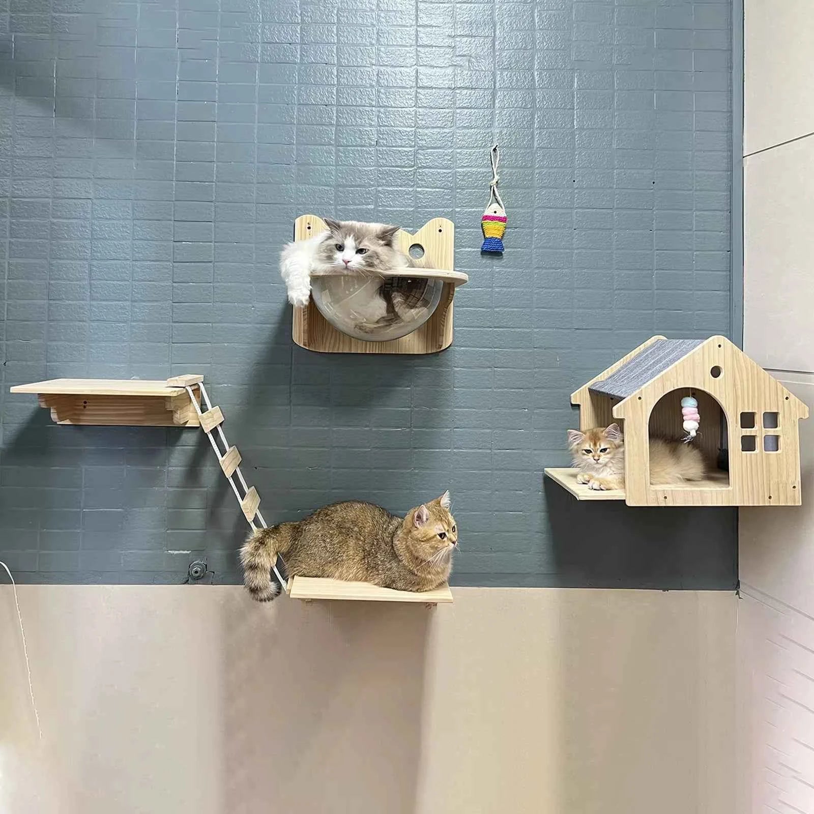 1pc Wall Mounted Cat Condo Villa Wooden Cats Climbing Floating Shelf Kitten House Wall Furniture for Sleeping and Resting