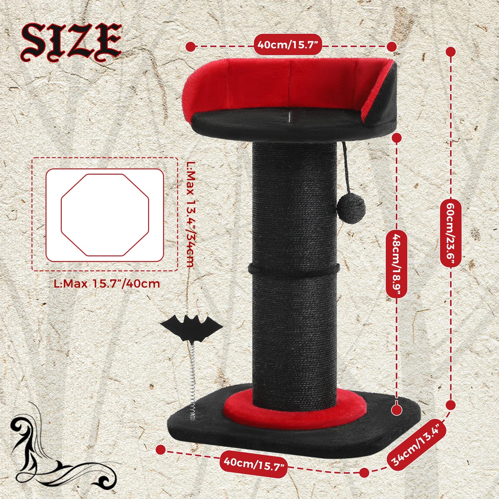 Large Cat Scratching Post for Indoor Gothic Cat Tree Tall Cat Scratcher with Thick Scratching Post Removable Cat Bed Spring Ball
