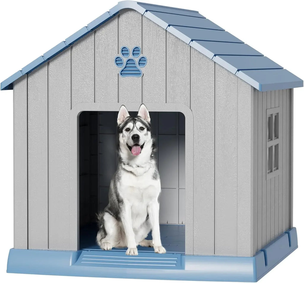 Large Dog House Outdoor, Durable Plastic Waterproof Indoor Doghouse with Air Vents and Elevated Floor for Small Medium Large Dog