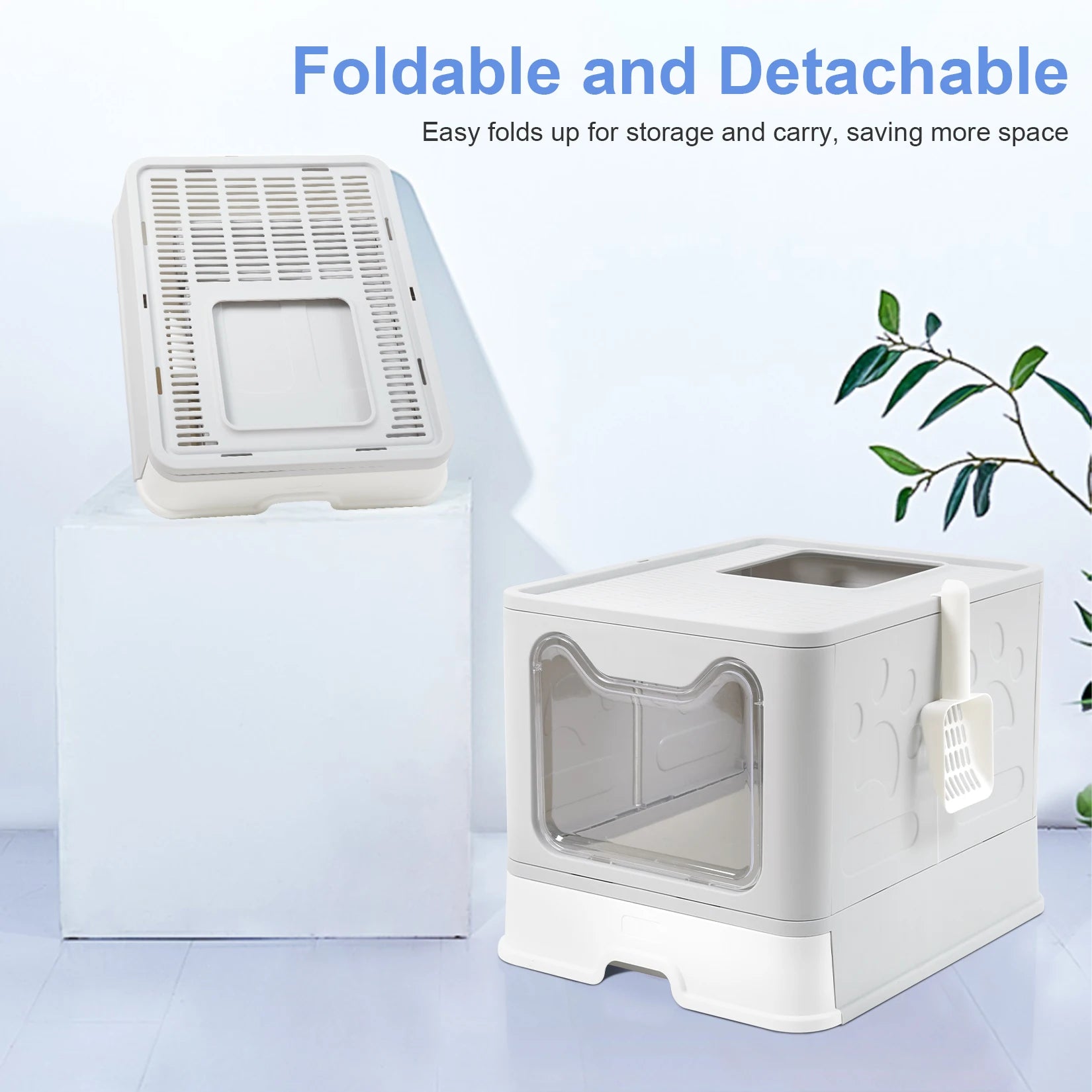 Foldable Space Saving Cat Litter Box With Front Entry Tray