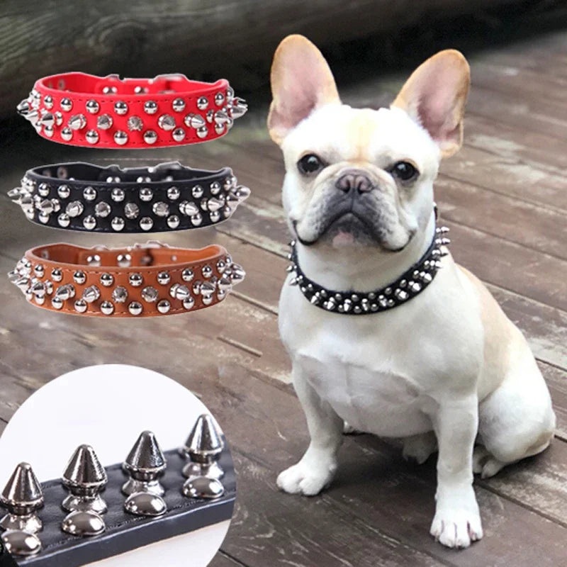 NONECN Adjustable Leather Dog Collar With Rivet Spiked Design