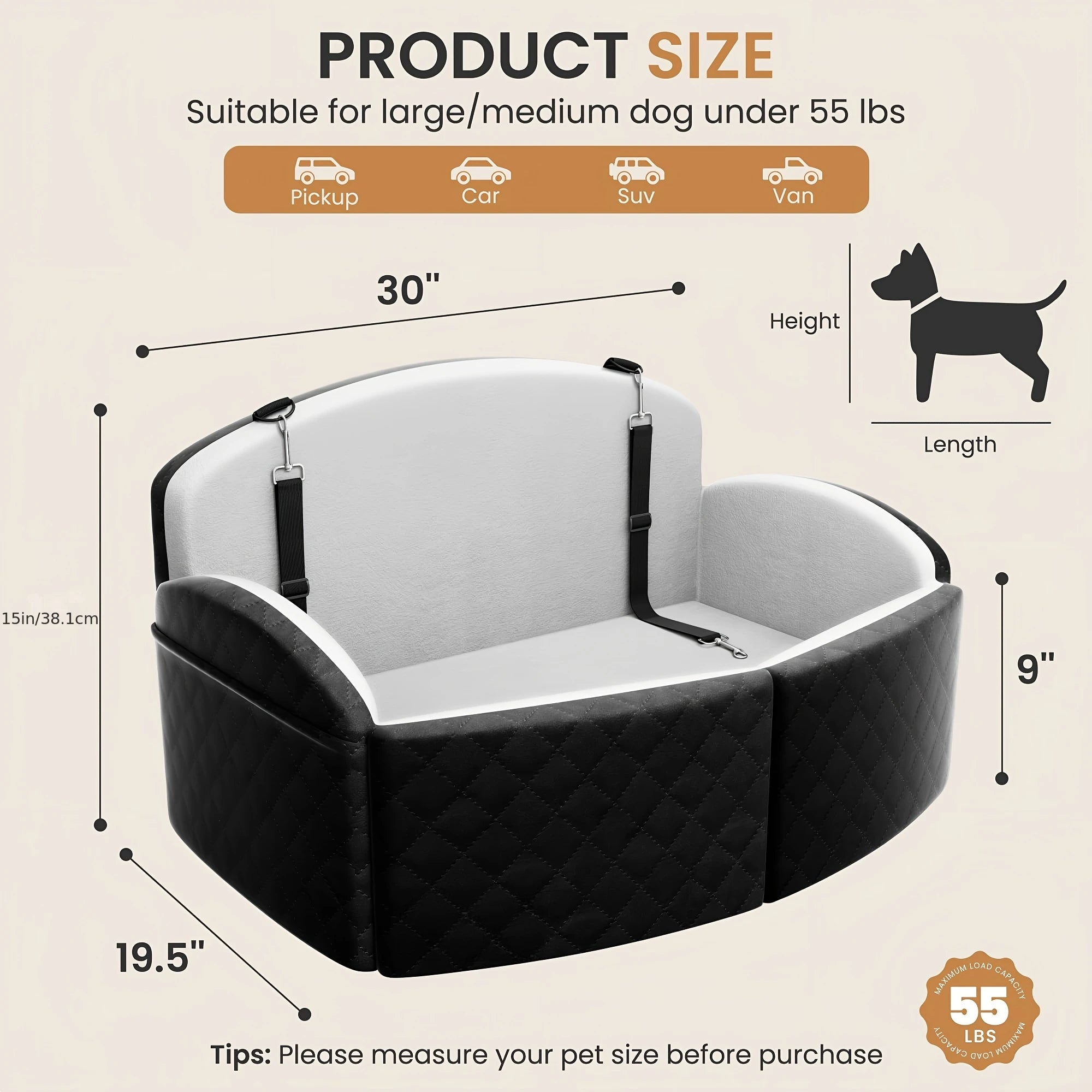 Dog Car Seat for Medium/Large Dogs, Memory Foam Dog Booster Seat with Thick Cushion up to 55 lbs or 2 Small Dogs, Travel Pet Car Seat with Detachable Washable Cover, 2 Safety Leashes