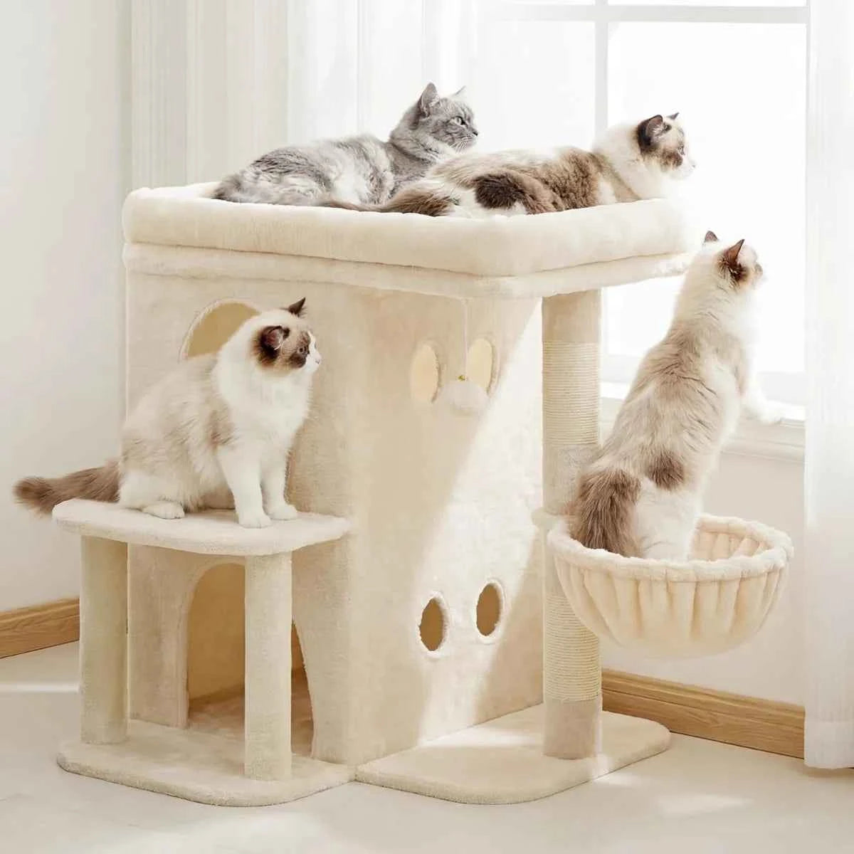25.6 inch tall cat tower with large perch dual condos sisal posts cozy basket and dangling toy for big cats