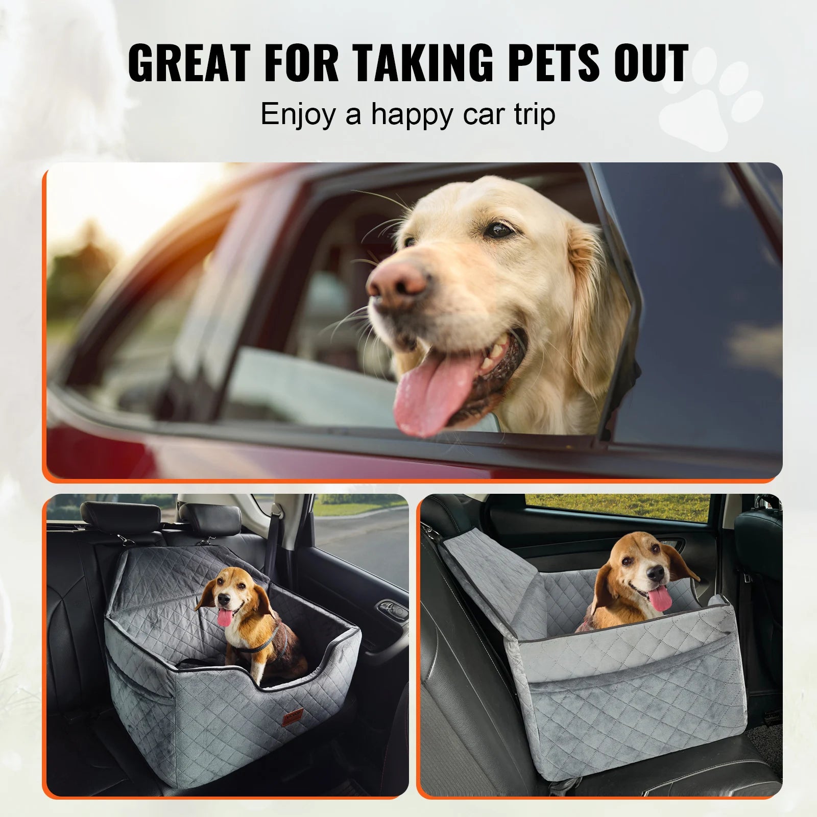VEVOR Dog Car Seat Dog Booster Seat for Car with A Storage Pocket Sponge Filling Car Bed for Medium Large Dog up to 55 lbs Gray