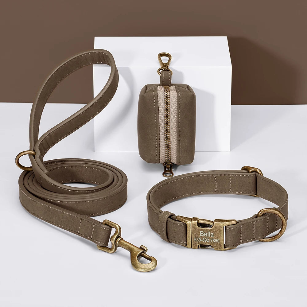 Didog Custom Dog Collar Leash Set With Poop Bag PU Leather