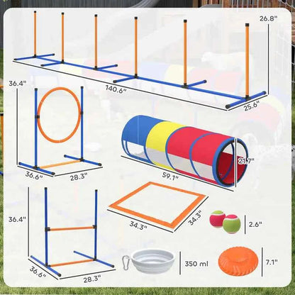 Dog Agility Training Equipment, 12-Piece Dog Obstacle Course with Adjustable Hurdle & Ring, 4 Tunnels, Weave Poles
