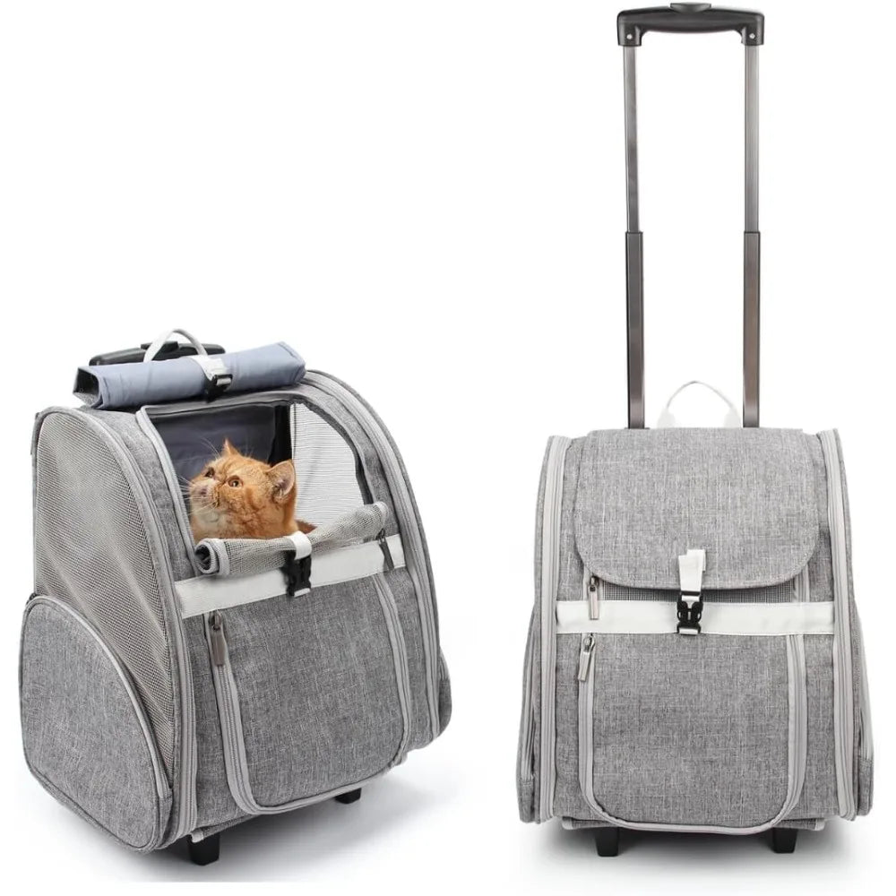 Pet Rolling Carrier, Dog Backpack with Wheels, Cats, Puppies Travel Bag with Wheels, Dog Trolley (Grey)