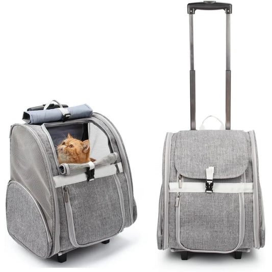 Pet Rolling Carrier, Dog Backpack with Wheels, Cats, Puppies Travel Bag with Wheels, Dog Trolley (Grey)