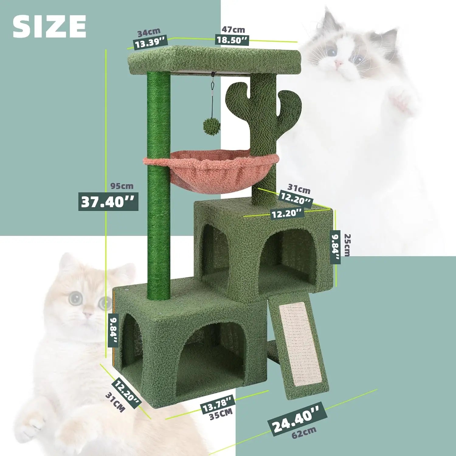 Cactus Cat Tree Tower with Twin Condos, Scratching Post, Hammock, Toys - Green