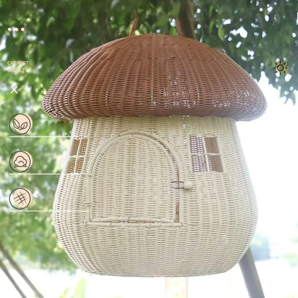 High Concerned Chemical Pet Nest Mushroom House Rattan Raised Cat Bed Kennel Indoor