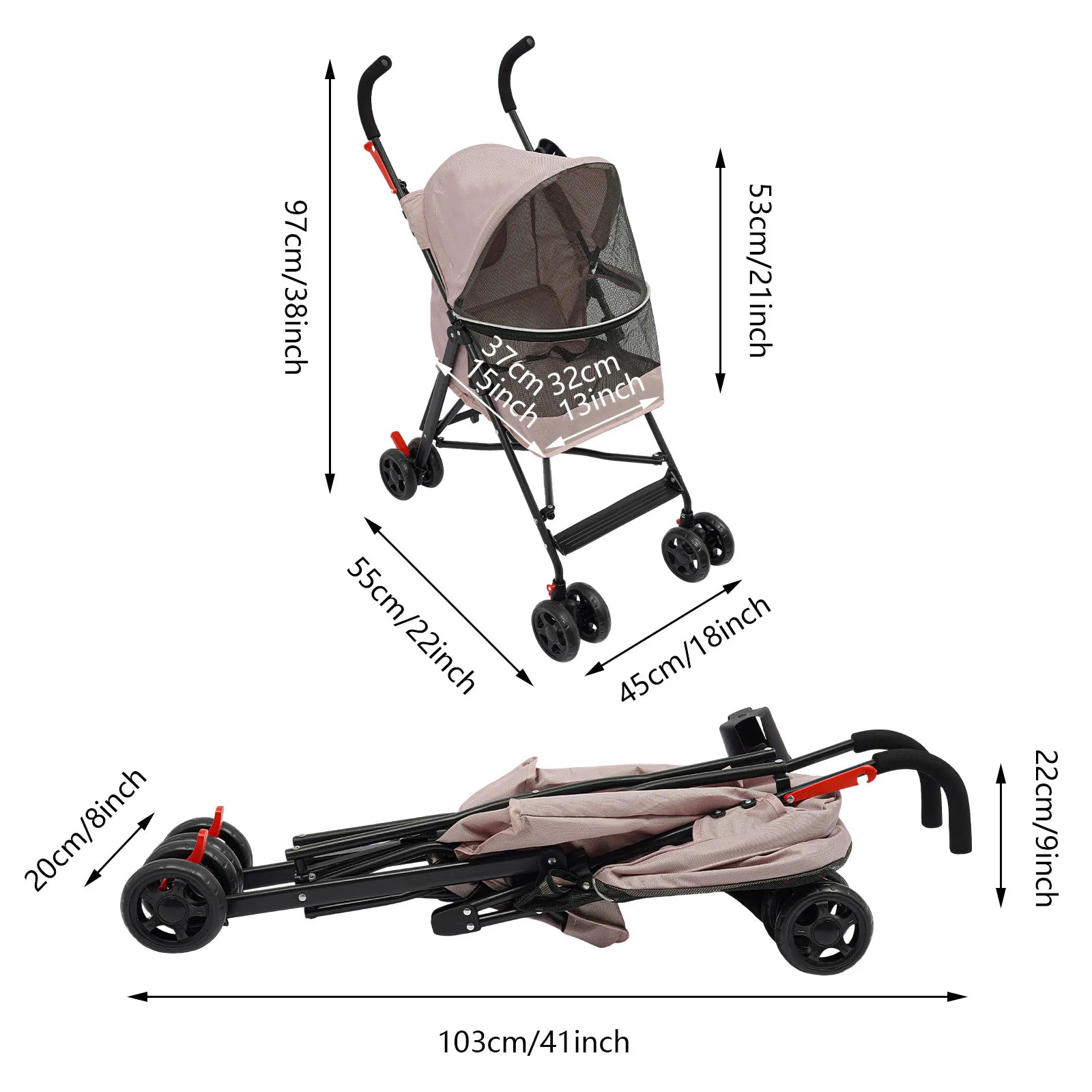 Pet Stroller Dogs And Cats Lightweight Foldable With 360 Wheels