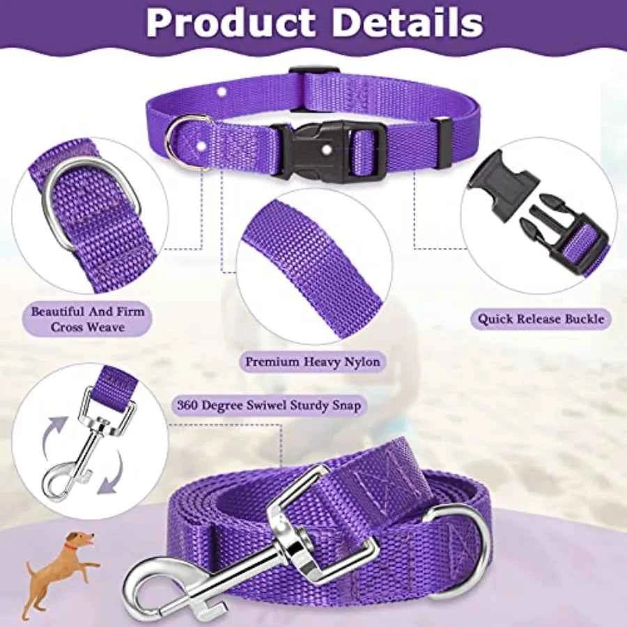 8 Pieces Dog Collar and Leash Set Nylon Adjustable Dog Collars and Leash Personalized Puppy Supplies for Small Medium Large Pet