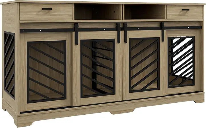 Double Dog Crate Furniture with Removable Divider for 2 Medium Dogs or 1 Large Dog, 66" Modern Dog Kennel Furniture End Table w