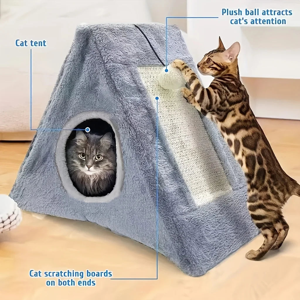 Plush Cat Bed With Toy Ball And Sisal Scratching Board