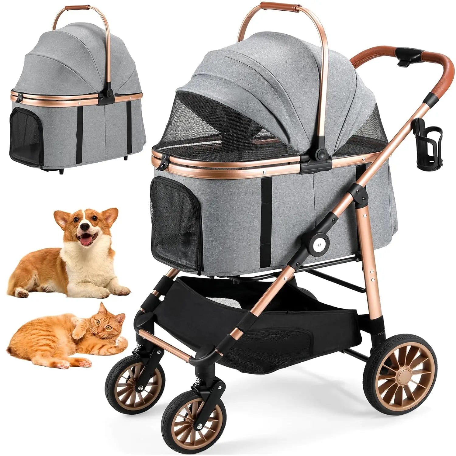 Foldable Dual Cat And Dog Stroller With 360 Degree Wheels