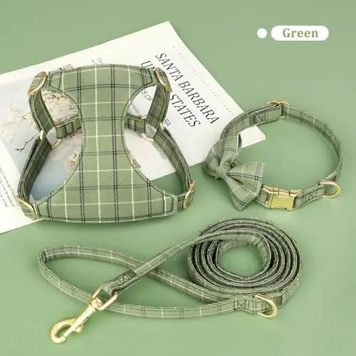 YTYIN Dog Harness And Leash Set With Bow And Plaid Collar