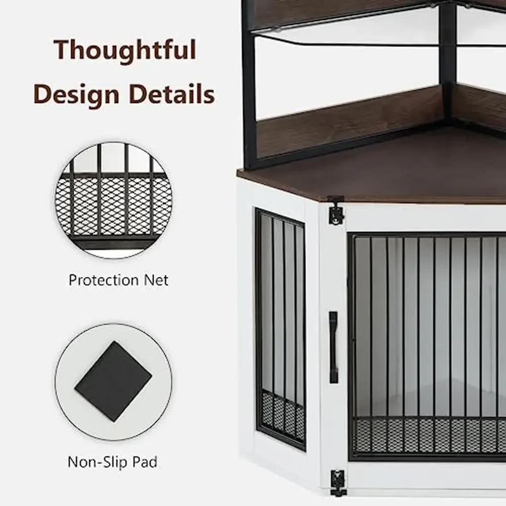 Wooden Corner Dog Crate Furniture Glass Shelves Kennel Pet Indoor CN17 White Brown Display Cabinet Safe Anti-Tip Straps Locks