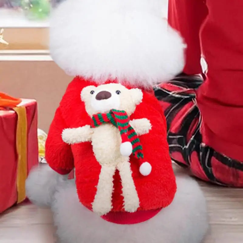 Pet Christmas Costumes Cartoon Pet Winter Plush Dress Warm Dog Cosplay Hoodie Dog Holiday Apparel With Bear For