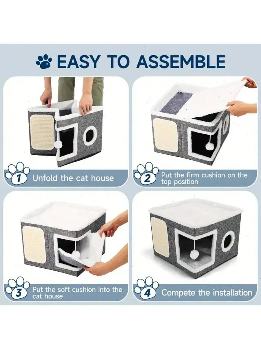 Multi Level Cat House With Foldable Play Cube Bed Tunnel