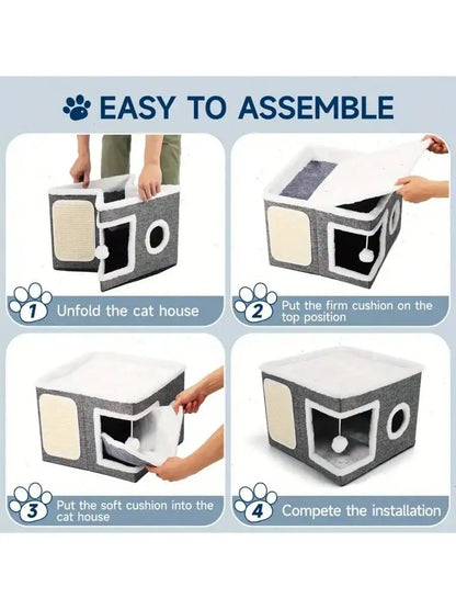 Multi Level Cat House With Foldable Play Cube Bed Tunnel