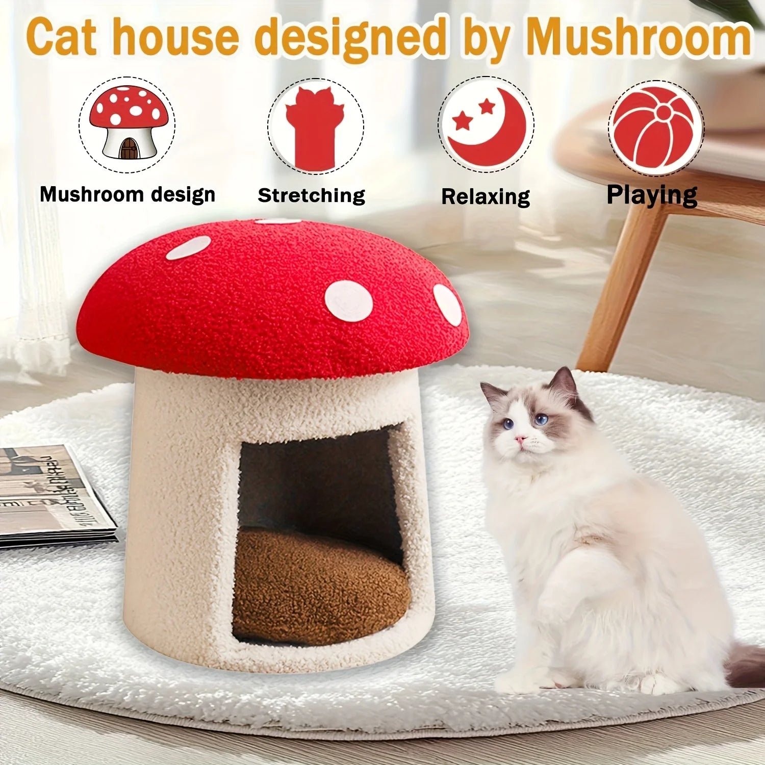 NONECN Mushroom Cat Bed Indoor Cat Cave With Removable Cushion
