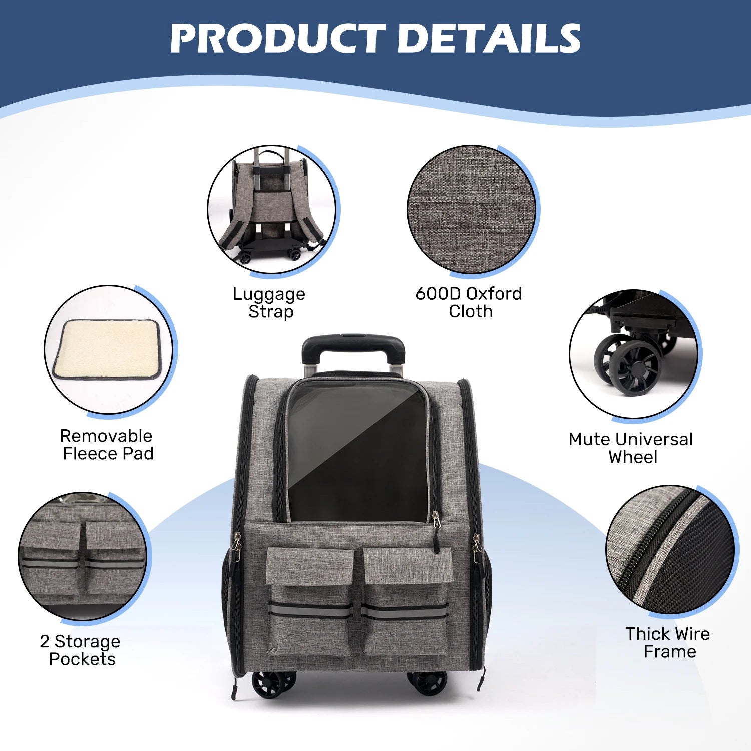 Rolling Pet Carrier Backpack With Removable Wheels For Dogs