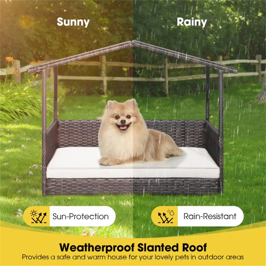 Outdoor Dog House with Canopy - Stylish Rattan Bed & Waterproof Cushion for Comfort