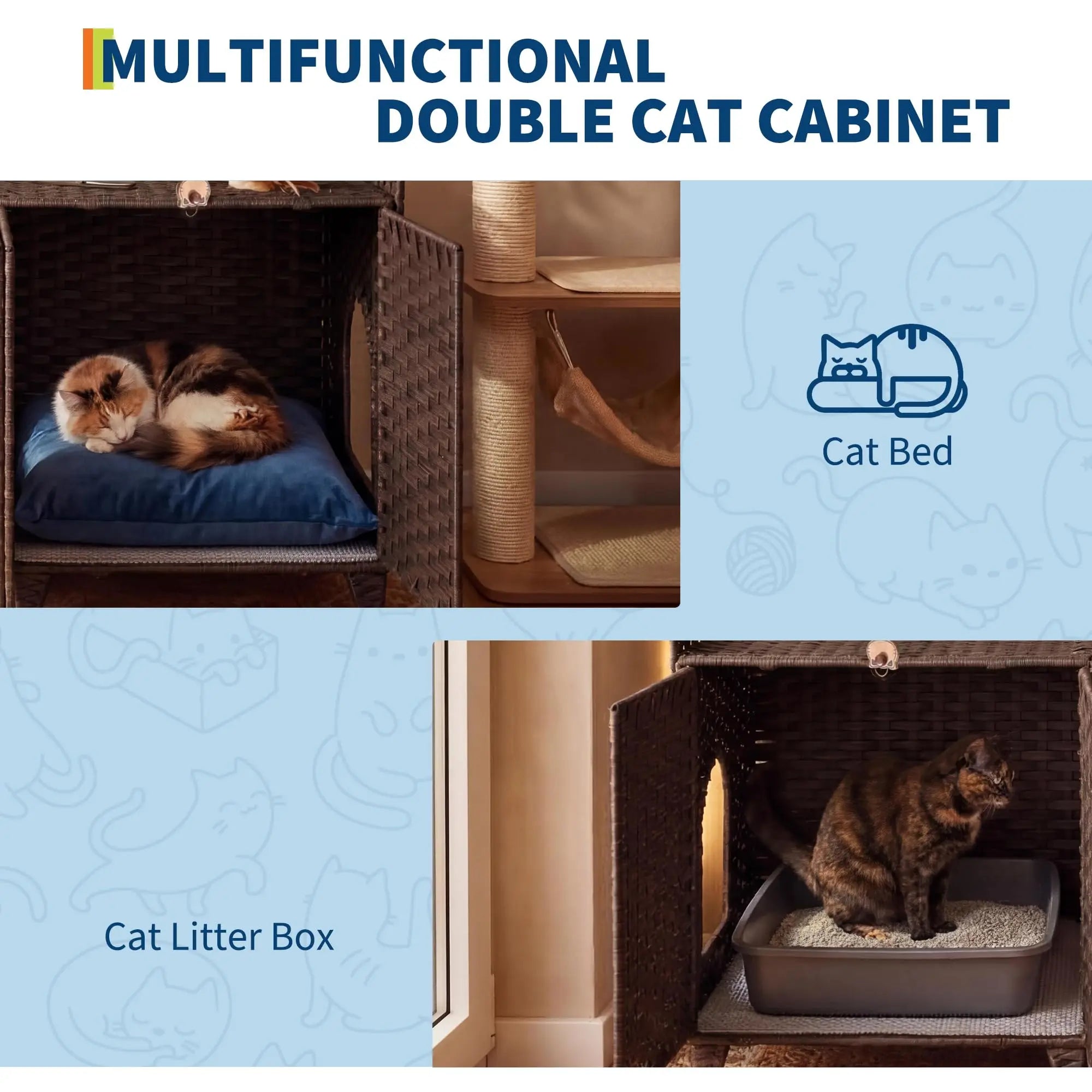 Large Rattan Litter Box Enclosure For 2 Cats, Hidden Cat Furniture With 2 Doors, Litter Mat & Hooks, 47.2" Cat House