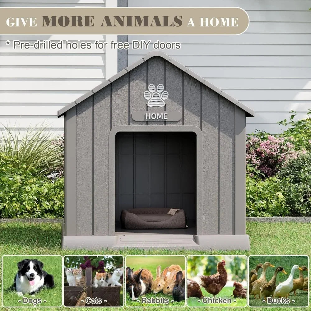 Large Dog House Outdoor, Durable Plastic Waterproof Indoor Doghouse with Air Vents and Elevated Floor for Small Medium Large Dog