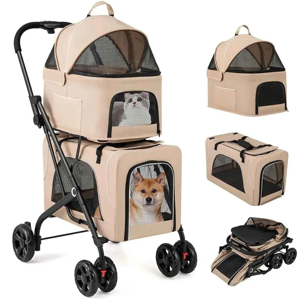 Double Dog Stroller or 2 Dogs, Detachable Carriers, Saety Belt, 4 Lockable Wheels, Pet Travel Carrier Strolling Cart, olding Cat