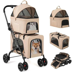 Double Dog Stroller or 2 Dogs, Detachable Carriers, Saety Belt, 4 Lockable Wheels, Pet Travel Carrier Strolling Cart, olding Cat