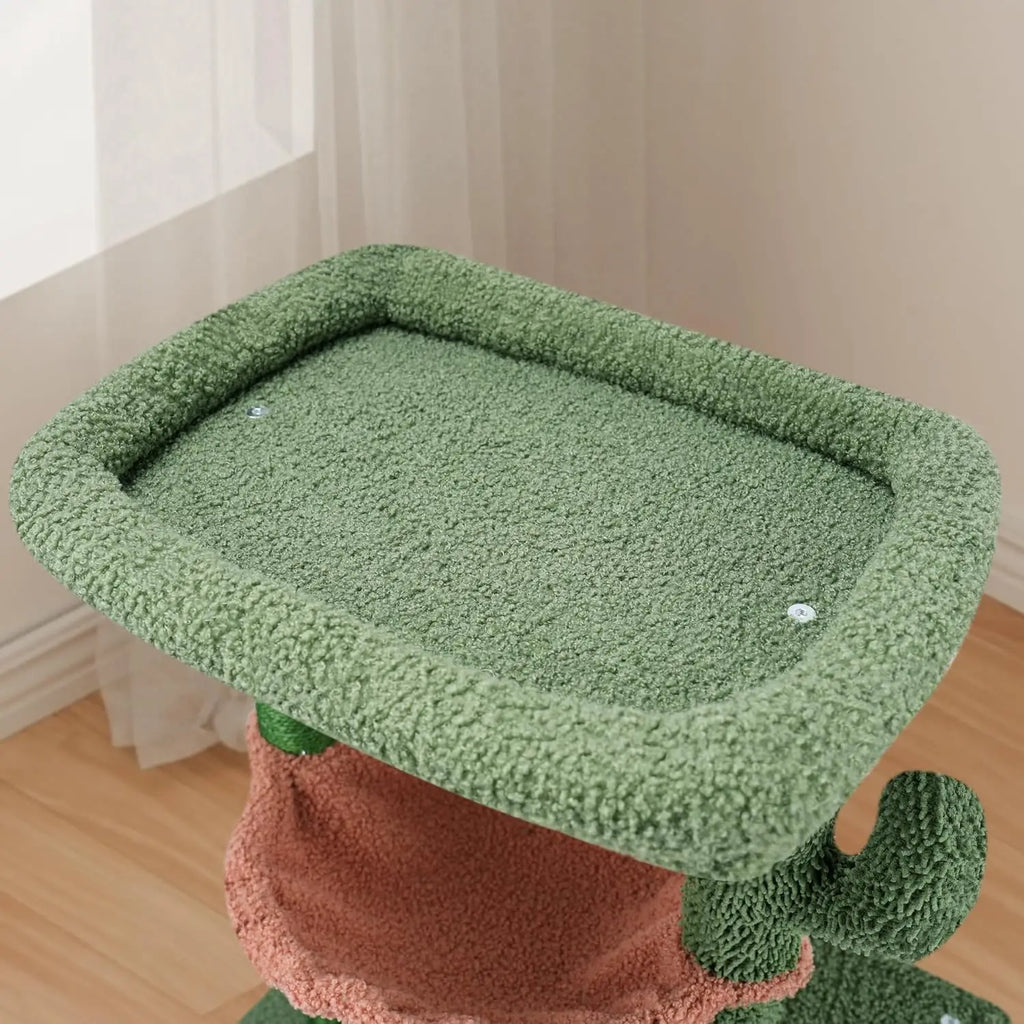 Cactus Cat Tree Tower with Twin Condos, Scratching Post, Hammock, Toys - Green