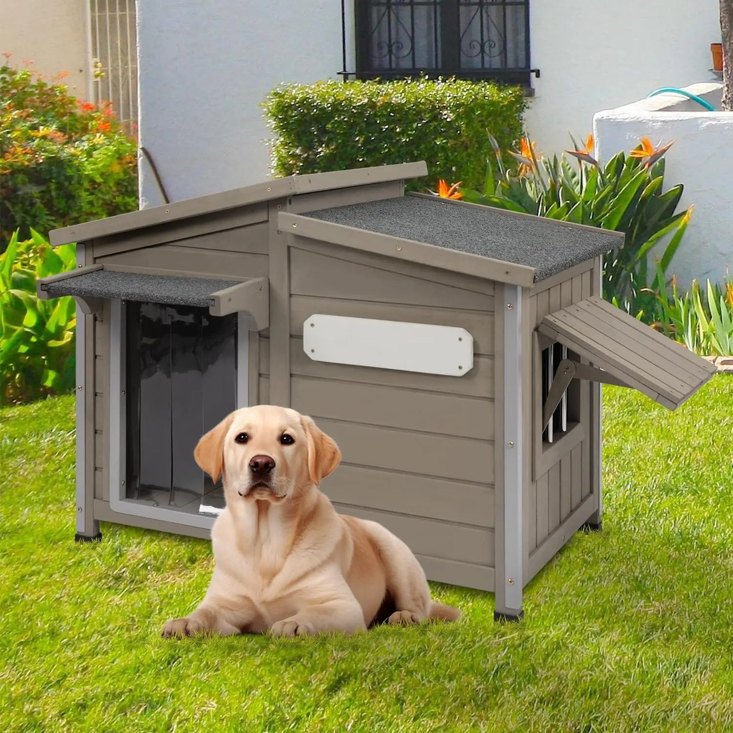 Dog House Outdoor Weatherproof Large Wooden Dog Kennel Indoor with Chew-Proof Iron Frame, Removable Floor,