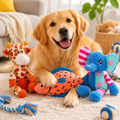 Three Piece Medium Dog Chew Toy Set With Squeaky Plush Teeth Cleaning Nubs