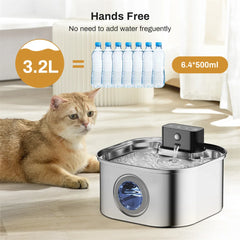 Wireless Stainless Steel Pet Water Fountain, 3.2L Automatic Cat Water Feeder with Motion Sensor,  Dog Water Bowl（No 5V 1A Plug）