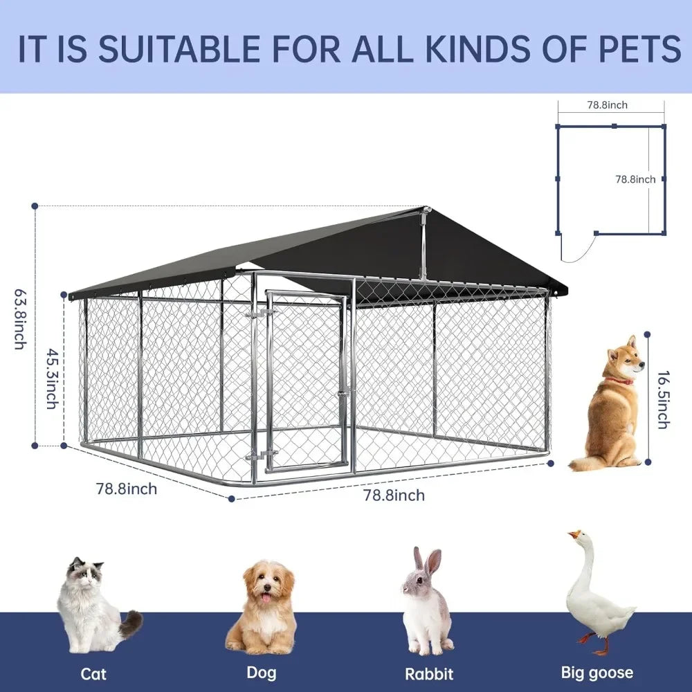 Outdoor Dog Enclosure Heavy Duty Dog Kennel House Mesh Dog Big Cage Pet Kennel Steel Fence with Secure Lock (6.56‘x 6.56’)
