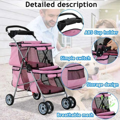 Double Pet Stroller or Small Medium Dogs, 4 Wheels olding Travel Carrier Cage with Cup Holder or 2 De Puppy Or Two Kitty, Pink