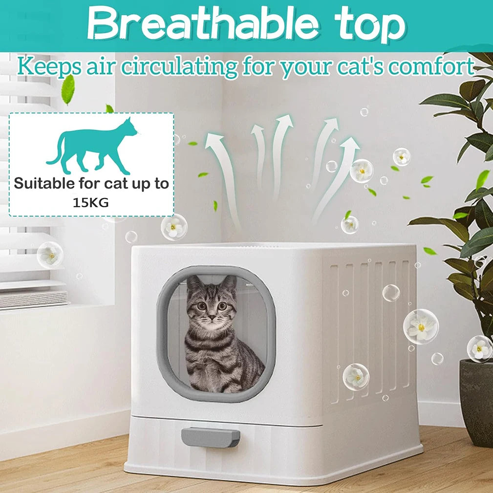 Leakproof Enclosed Cat Litter Box With Pull Drawer And Scoop