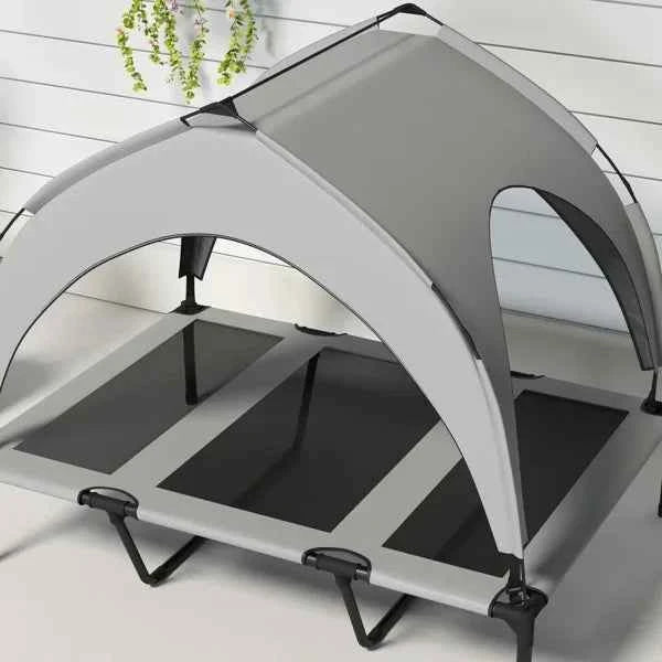 Elevated Dog Bed with Cooling Pad, Removable Canopy, Breathable Mesh, Portable Pet Cot for Large Dogs Indoor Outdoor