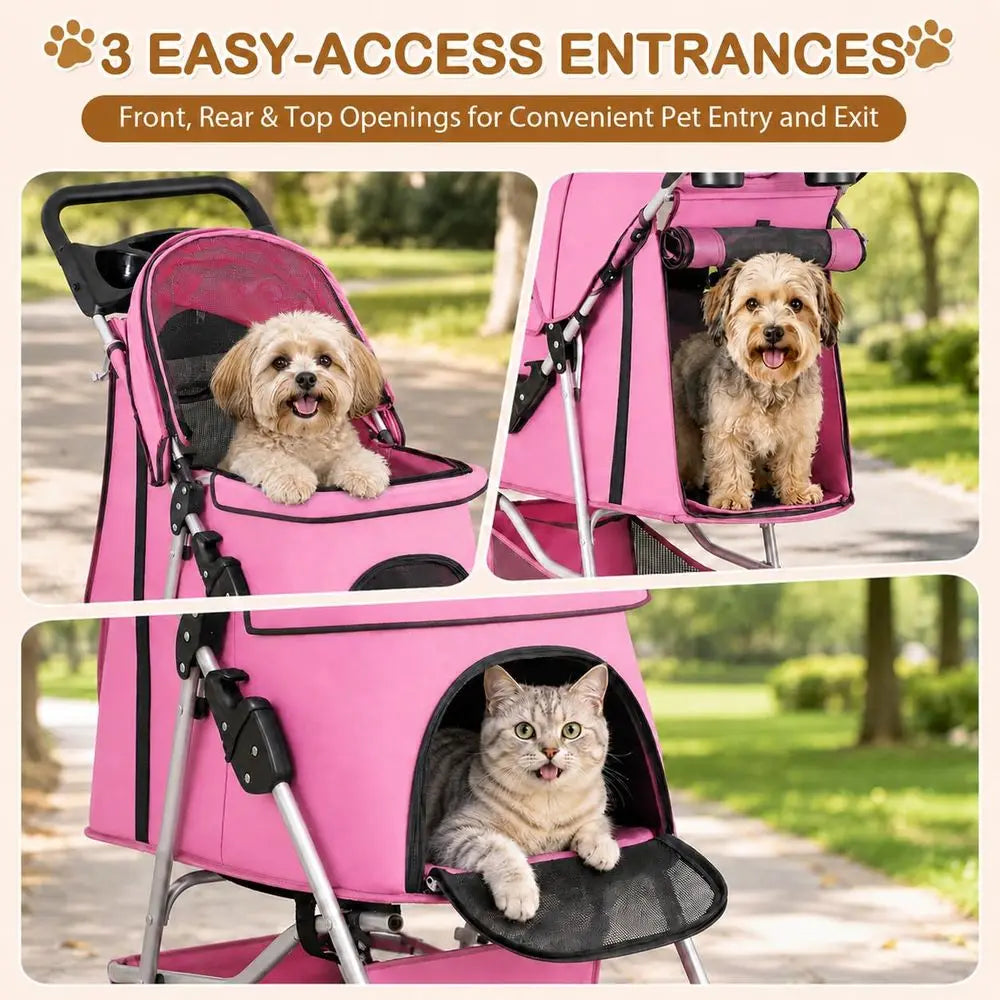 Pet Stroller 4 Wheels Dog Cat Stroller or Small Medium Dog Cats Carrier Jogger Travel oldable Puppy with Storage Basket and Cup