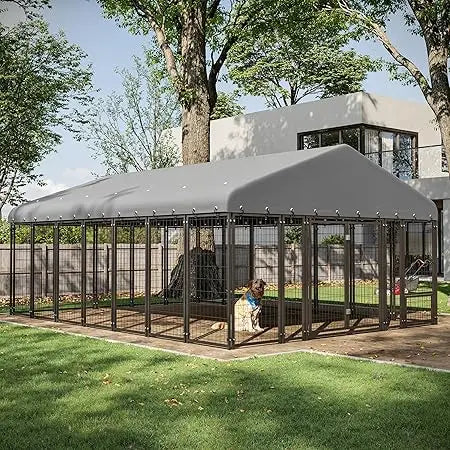 10X14FT Dog Kennel Outside Double Door Dog Kennel Outdoor with Feeding