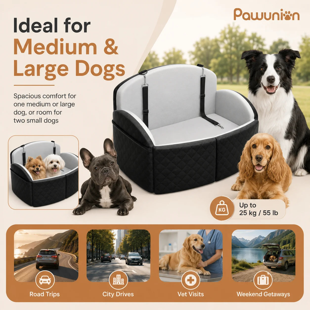 Dog Car Seat for Medium/Large Dogs, Memory Foam Dog Booster Seat with Thick Cushion up to 55 lbs or 2 Small Dogs, Travel Pet Car Seat with Detachable Washable Cover, 2 Safety Leashes
