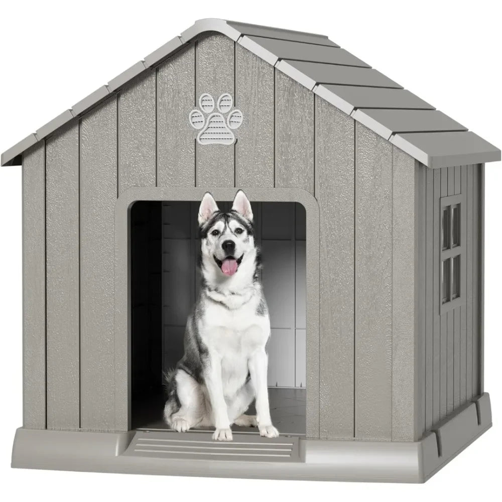 Large Dog House Outdoor, Durable Plastic Waterproof Indoor Doghouse with Air Vents and Elevated Floor for Small Medium Large Dog