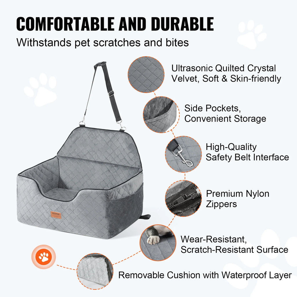 VEVOR Dog Car Seat Dog Booster Seat for Car with A Storage Pocket Sponge Filling Car Bed for Medium Large Dog up to 55 lbs Gray