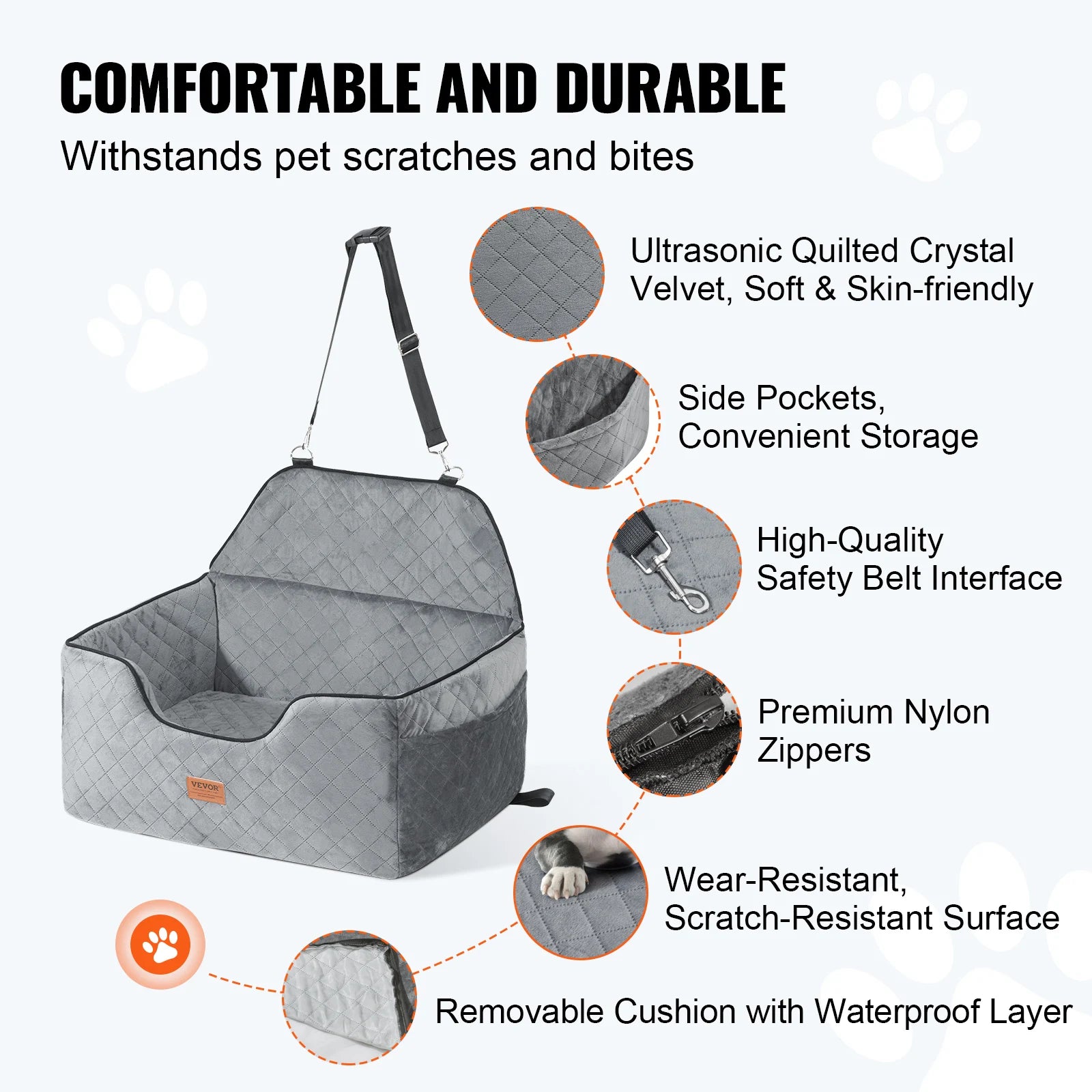 VEVOR Dog Car Seat Dog Booster Seat for Car with A Storage Pocket Sponge Filling Car Bed for Medium Large Dog up to 55 lbs Gray