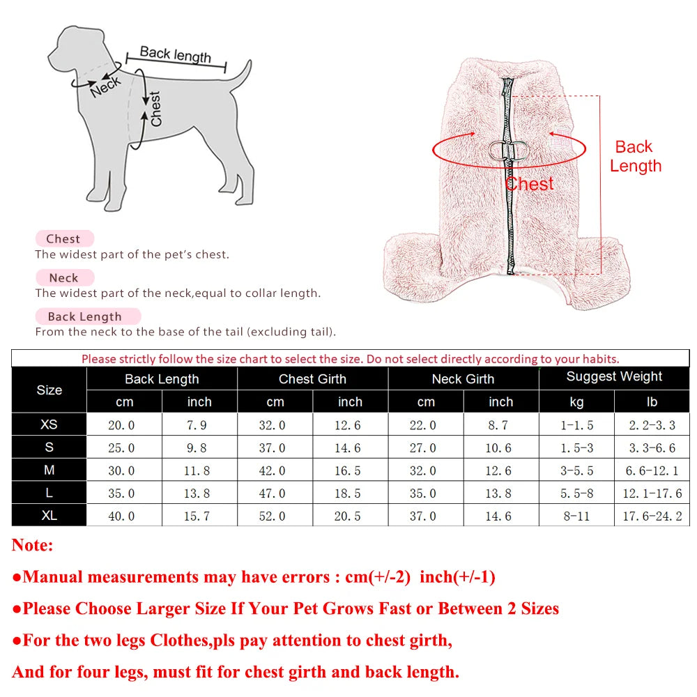 Soft Fleece Dog Clothes Winter Four Legs Covered  Plush Pet Coat Zipper Jacket Autumn Overall For Small Middle Dog