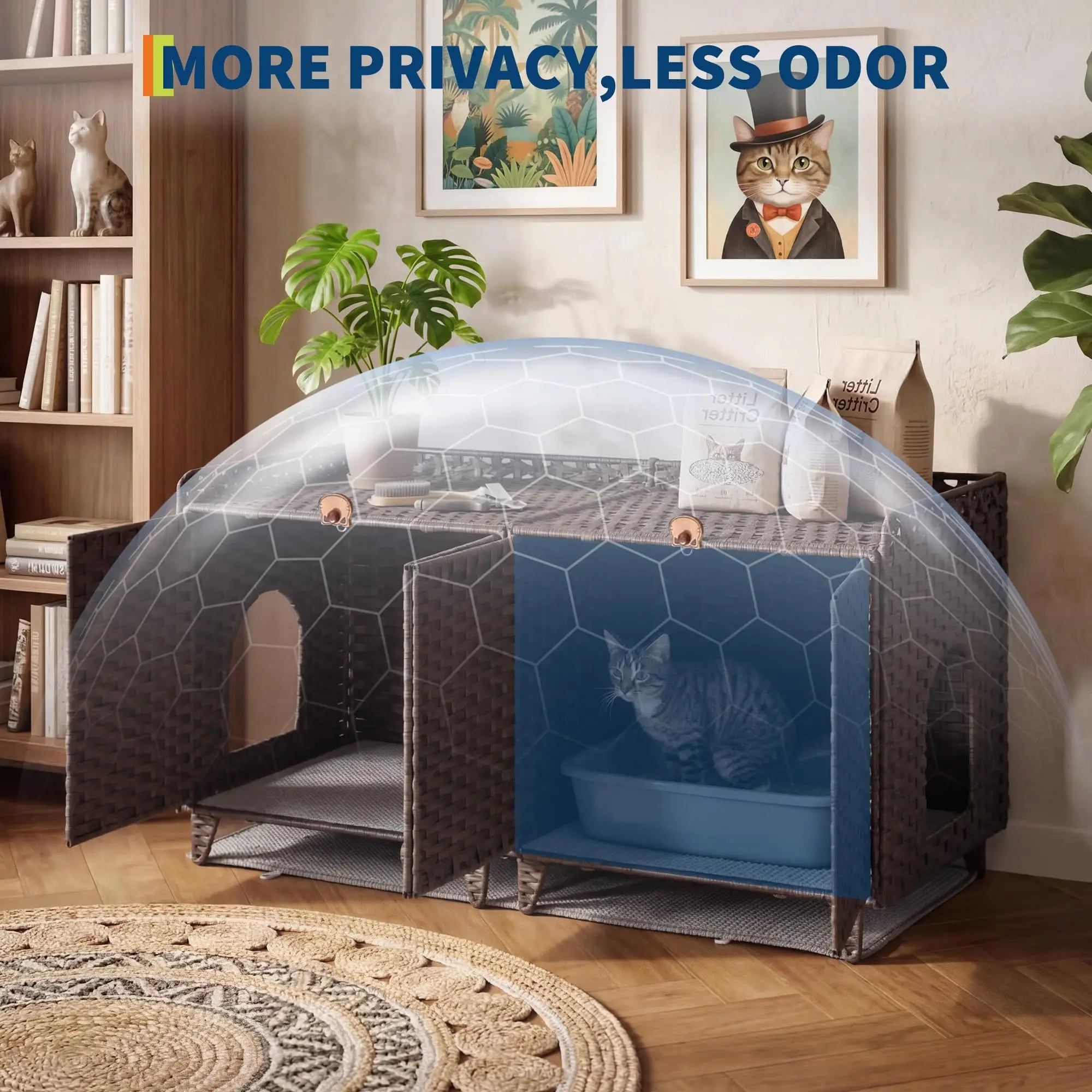 Large Rattan Litter Box Enclosure For 2 Cats, Hidden Cat Furniture With 2 Doors, Litter Mat & Hooks, 47.2" Cat House