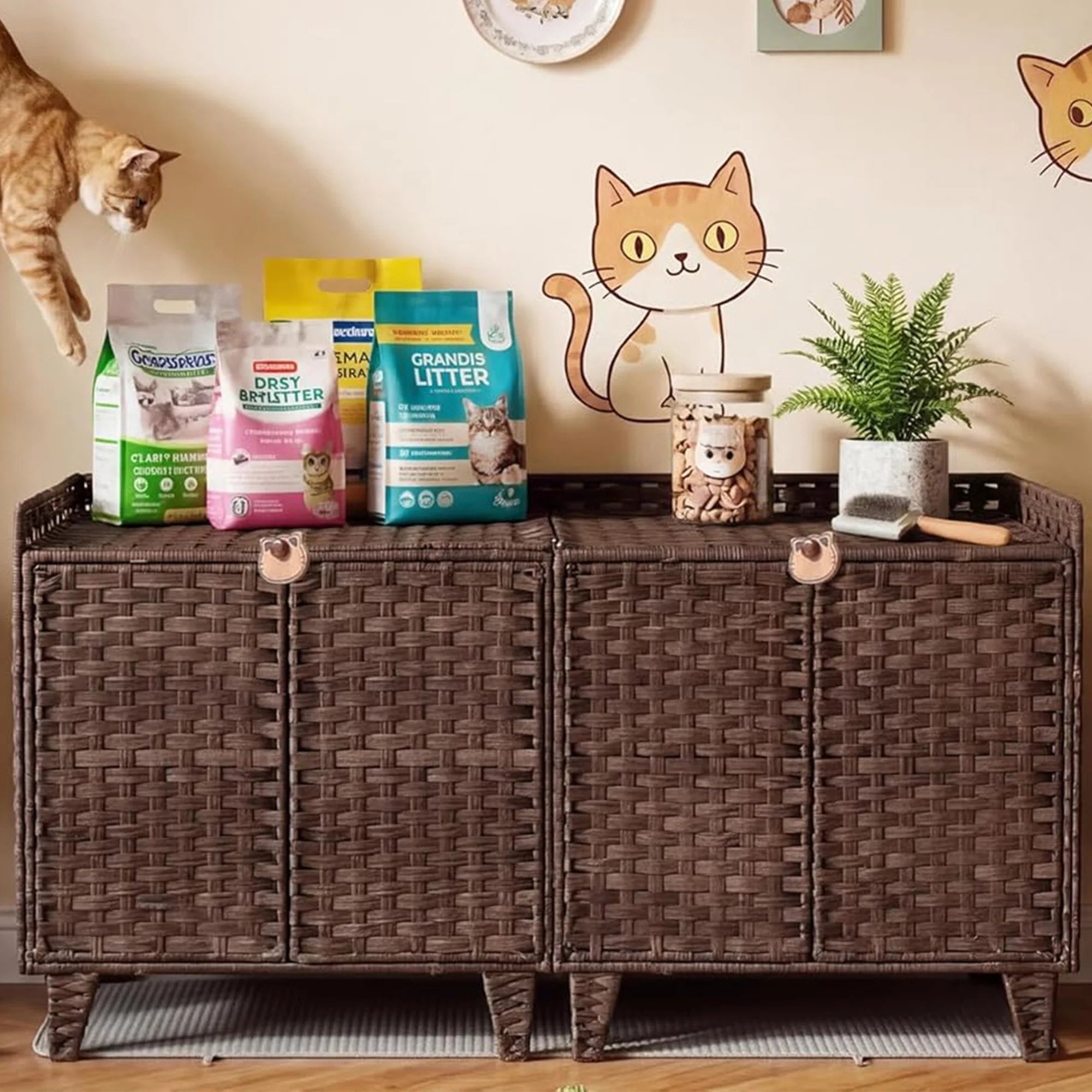 Large Rattan Litter Box Enclosure For 2 Cats, Hidden Cat Furniture With 2 Doors, Litter Mat & Hooks, 47.2" Cat House