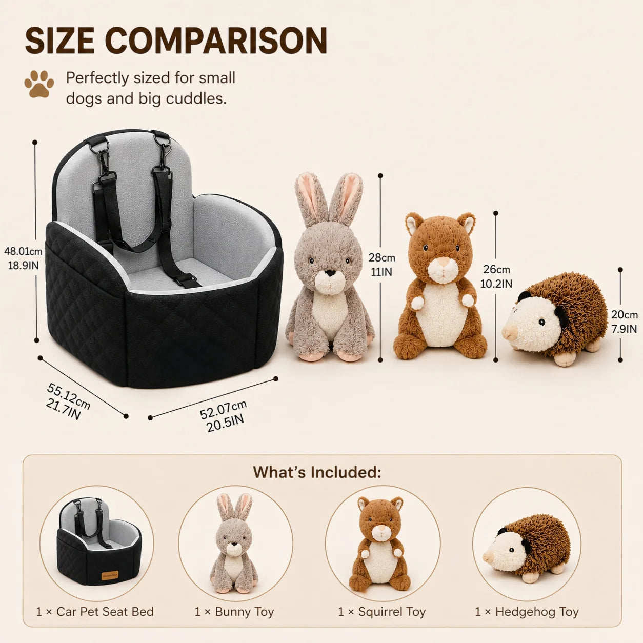 4-Piece Dog Car Seat Bed Set, Cozy Travel Pet Bed with Adjustable Securing Straps & 3 Squeaky Plush Toys, Soft Car Seat Cushion for Small Dogs and Puppies