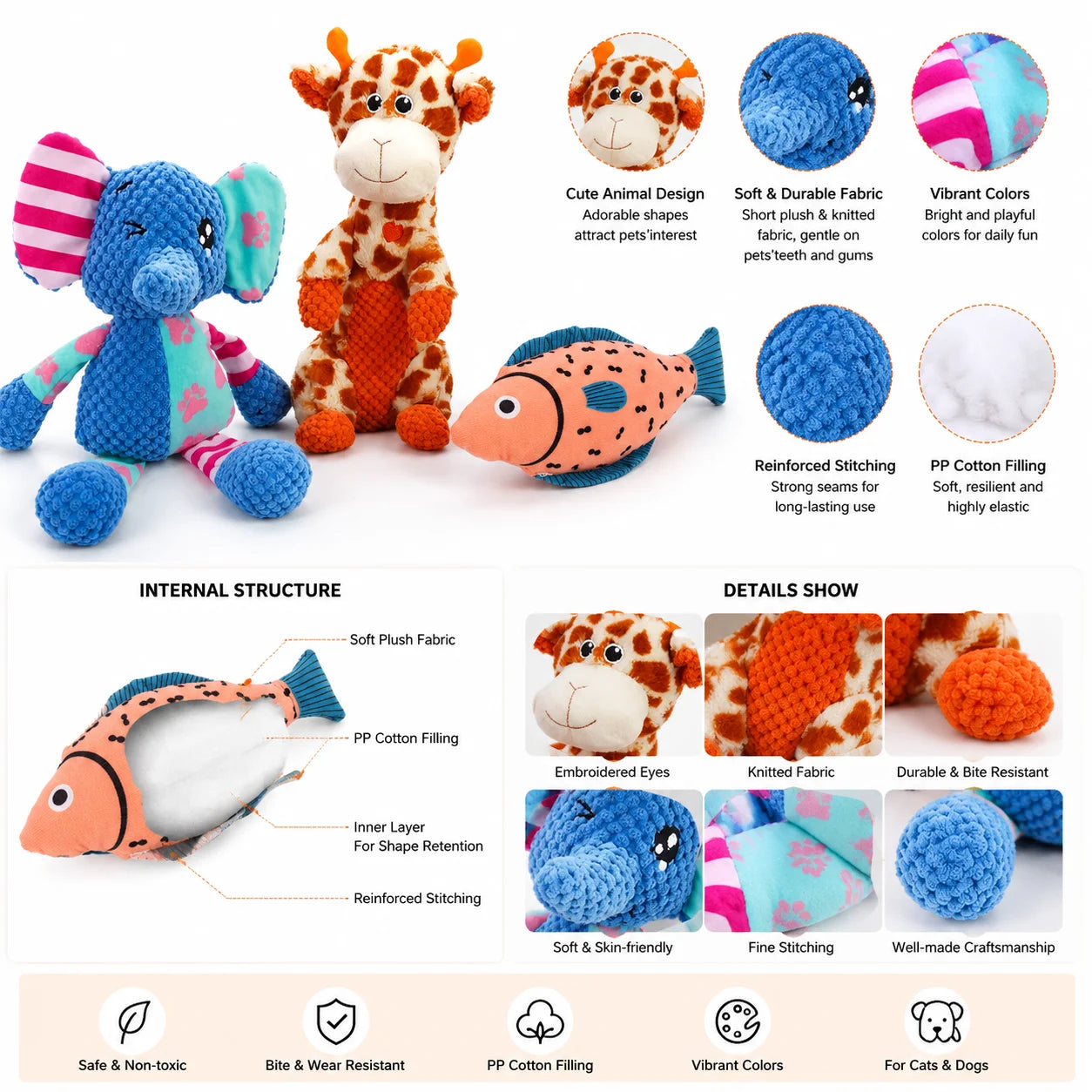 Three Piece Medium Dog Chew Toy Set With Squeaky Plush Teeth Cleaning Nubs